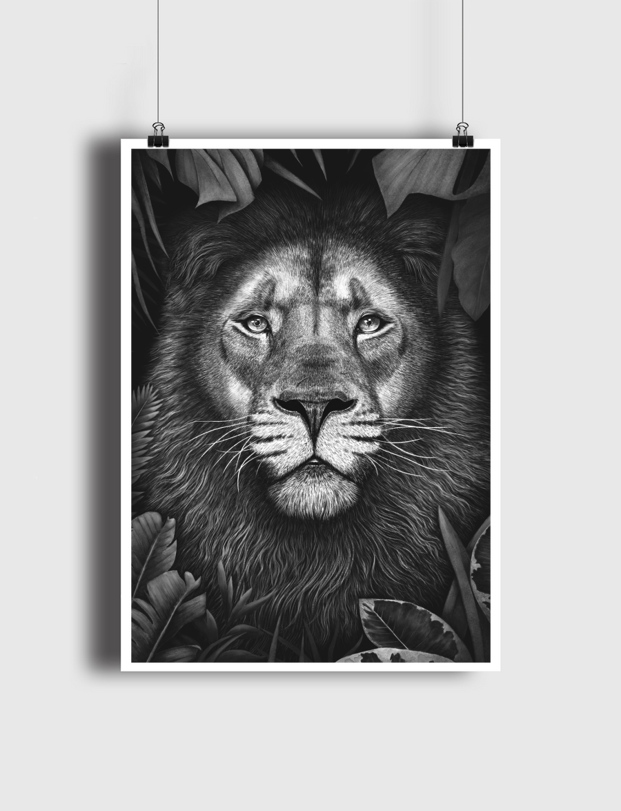 Lion in tropical leaves